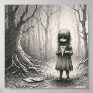 Affiche Éffrayante fille avec Pizza Horreur Illustration D