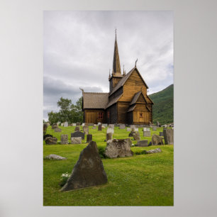 Affiche Église à colombages avec cimetière en Norvège