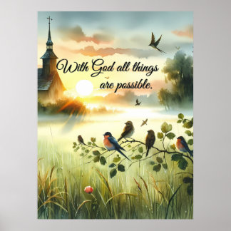 Affiche Église au lever du soleil avec oiseaux dans une pr