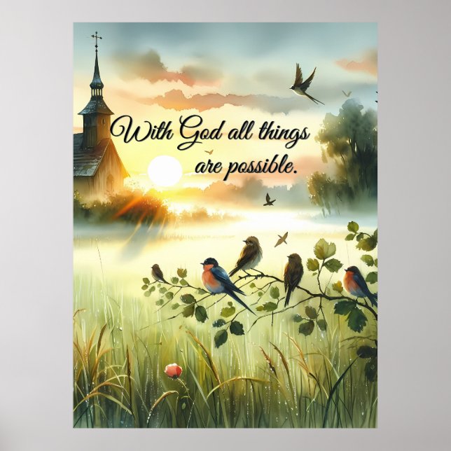 Affiche Église au lever du soleil avec oiseaux dans une pr (Devant)