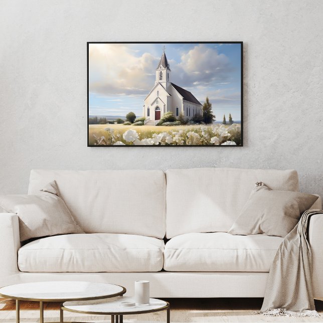 Affiche Eglise blanche dans un champ floral religieux (White Church in a Field Religious Poster)