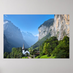Affiche Eglise dans la vallée de Lauterbrunnen, Suisse