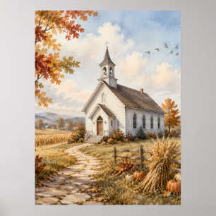 Affiche Église de campagne automnale, paysage aquarelle