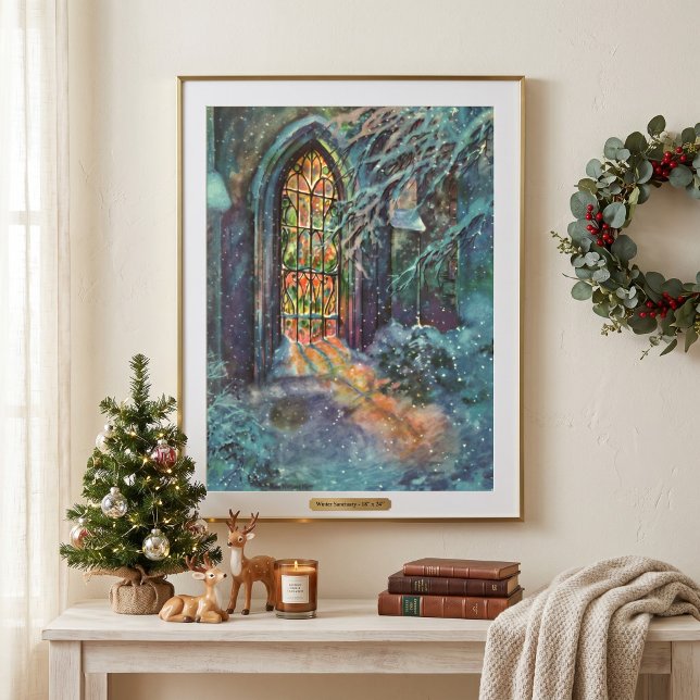 Affiche Église de Noël vintage avec vitrail (Vintage illustration religious Christmas design featuring a church stained glass window with snow.)