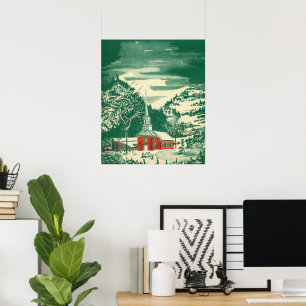 Affiche Eglise de Noël Vintage, paysage de neige en hiver