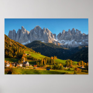 Affiche Eglise et village avec paysage de montagnes