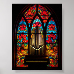 Affiche Église rouge poppy gothique orgue à tuyaux verre t