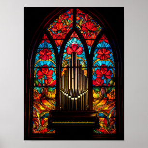 Affiche Église rouge poppy gothique orgue à tuyaux verre t