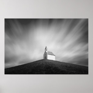 Affiche Église sur une colline en noir et blanc