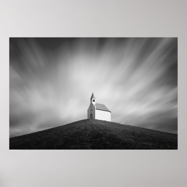 Affiche Église sur une colline en noir et blanc (Devant)
