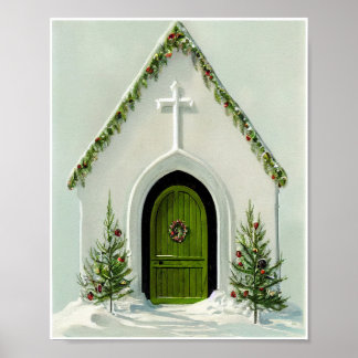 Affiche Église vintage enneigée à Noël