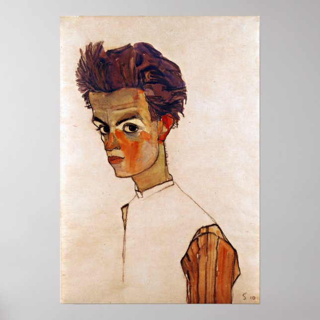 Affiche Egon Schiele Autoportrait avec chemise rayée (Devant)