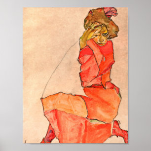 Affiche Egon Schiele - Kneeling Femme En Robe Rouge Orange