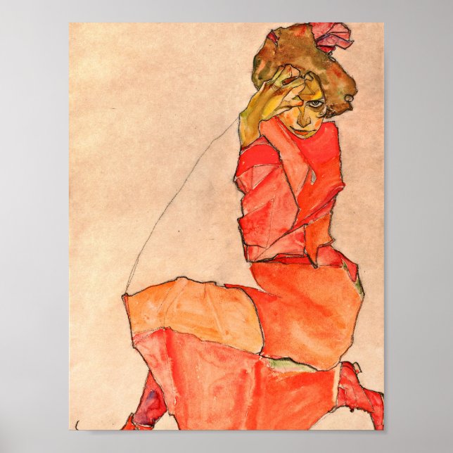 Affiche Egon Schiele - Kneeling Femme En Robe Rouge Orange (Devant)