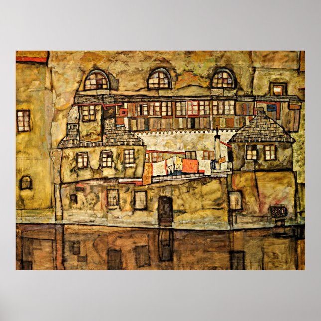 Affiche Egon Schiele - Mur de maison sur la rivière (Devant)