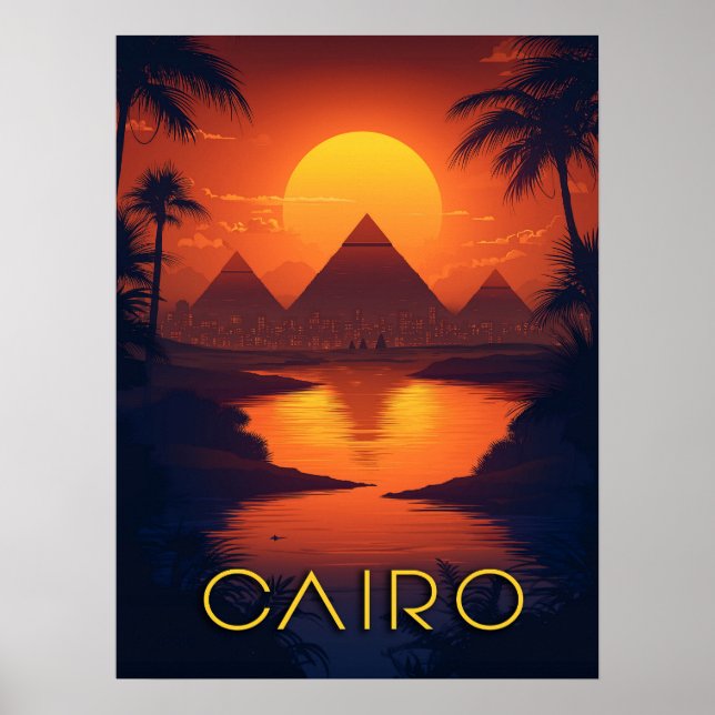 Affiche Égypte Coucher de soleil : Pyramides et rivière du (Devant)