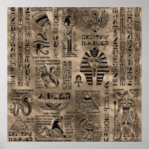 Affiche Egyptian hieroglyphs and deities - Luxury Gold