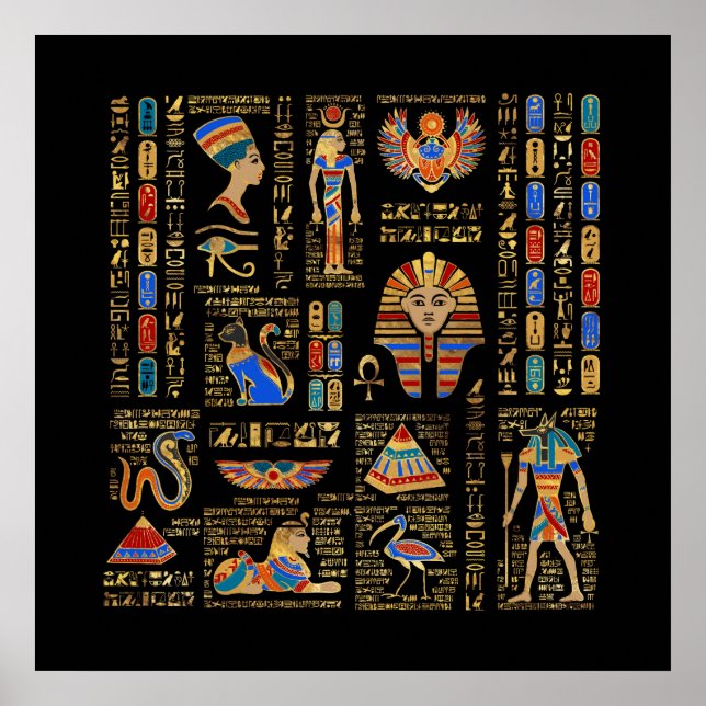 Affiche Egyptian hieroglyphs and deities on black (Devant)