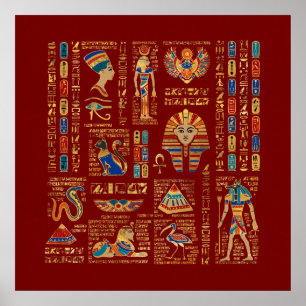 Affiche Egyptian hieroglyphs and deities on red