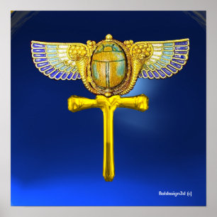 Affiche EGYPTIAN WINGED SCARAB ANKH AND CORNUCOPIA Blue