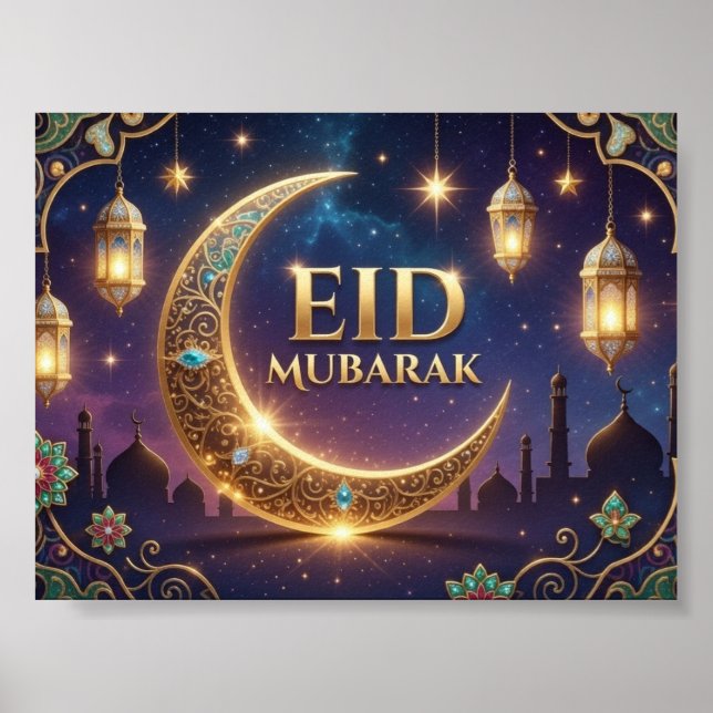 Affiche Eid Moubarak élégant Or et bleu marine  (Devant)