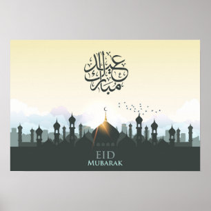 Affiche Eid mubarak lettering with mosque and birds