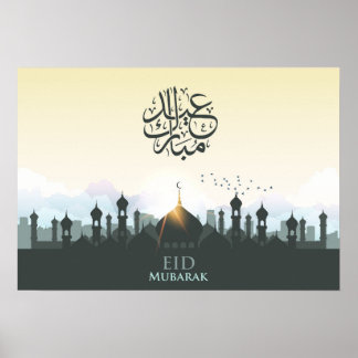 Affiche Eid mubarak lettering with mosque and birds