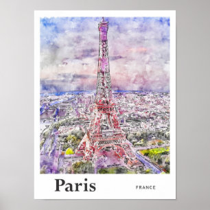 Affiche Eiffel Paris France Voyage Aquarelle Main tirée