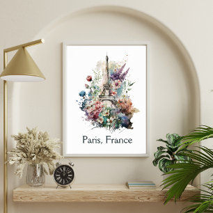 Affiche Eiffel Tour Fleur Floral Aquarelle Paris France