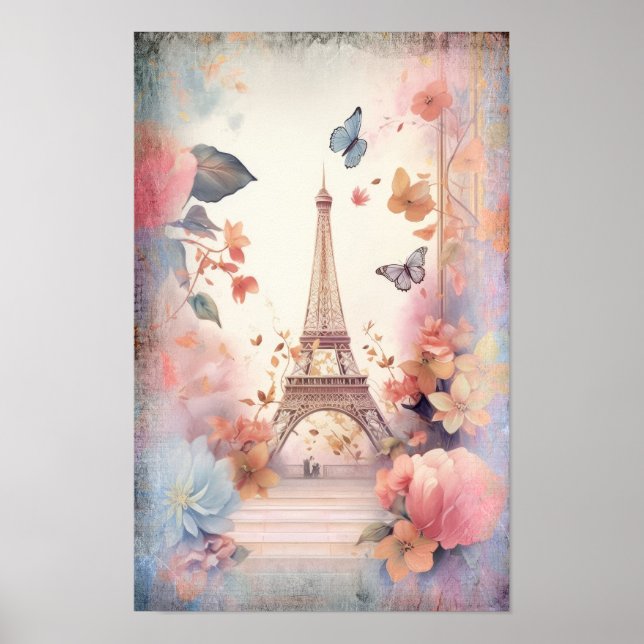 Affiche Eiffel Tower Butterflies and Flowers (Devant)