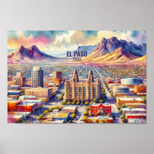 Affiche El Paso Texas Famous Travel Places aquarelle