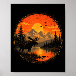 Affiche Élan coucher de soleil montagne forêt lac désert