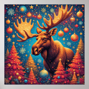 Affiche Élan de fête décoré d'ornements de Noël