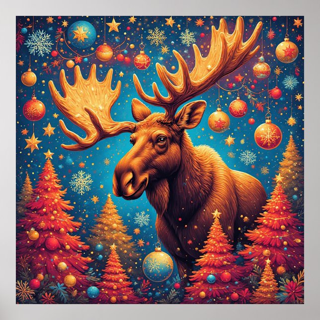 Affiche Élan de fête décoré d'ornements de Noël (Devant)