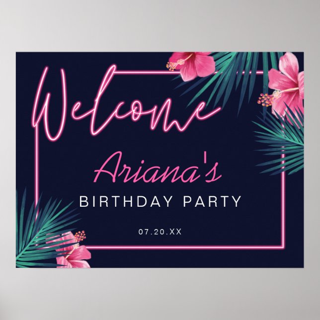 Affiche Electric Neon rose Tropical Bienvenue Anniversaire (Devant)