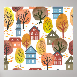 Affiche Elégance d'automne : Aquarelle Ville et arbres