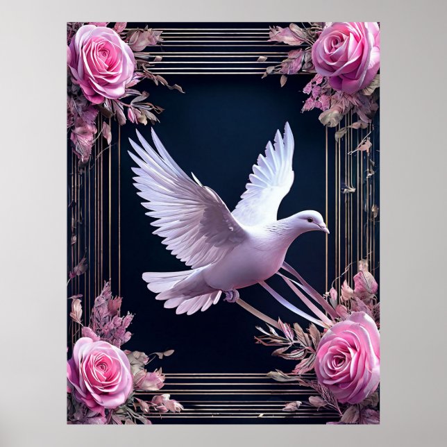 Affiche Élégance de la colombe blanche avec des roses rose (Devant)