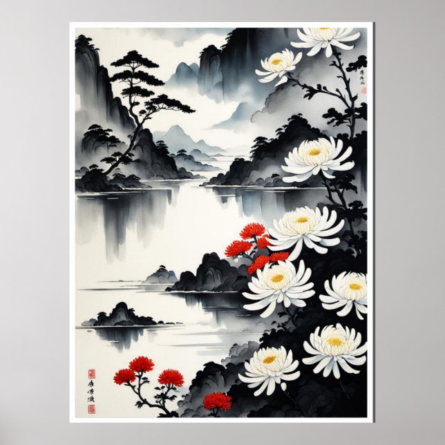 Affiche Elégance en Fleur : Harmonie Florale et Paysage (Devant)