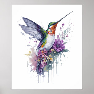 Affiche Élégance florale - Aquarelle Colibri
