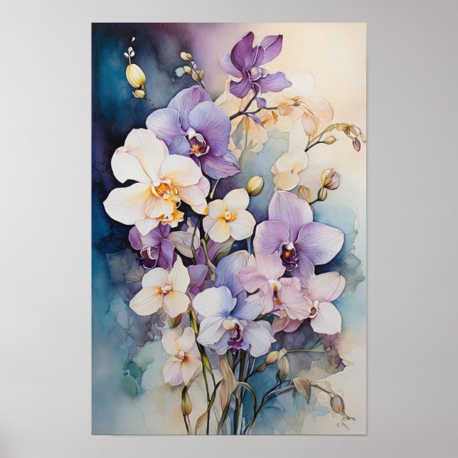Affiche Élégance florale - Fleurs d'orchidées Aquarelle Ar (Devant)