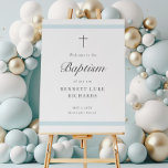 Affiche Elégance moderne garçons Baptême Accueil<br><div class="desc">Cette Affiche de bienvenue moderne Elegance Boys Baptism est chic et propre signe avec des rayures bleues douces et une croix minimale. Type personnalisable gris vous permet de modifier toutes les informations de la carte à votre goût. Parfait pour le baptême d'un petit garçon.</div>