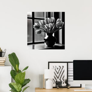 Affiche "Élégance monochrome : Tulipe blanche noire et vie