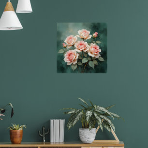 Affiche Élégance Rose Rougeâtre sur Jade Profond