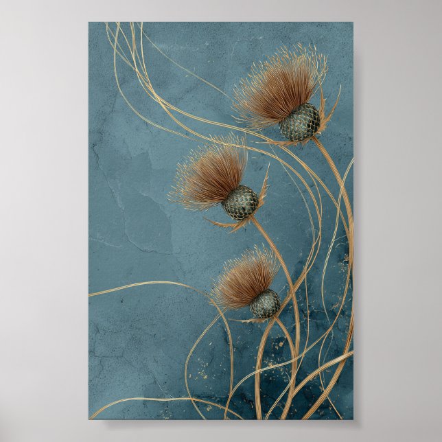 Affiche Élégance Texture Chardon Doré Bleu Canard (Devant)