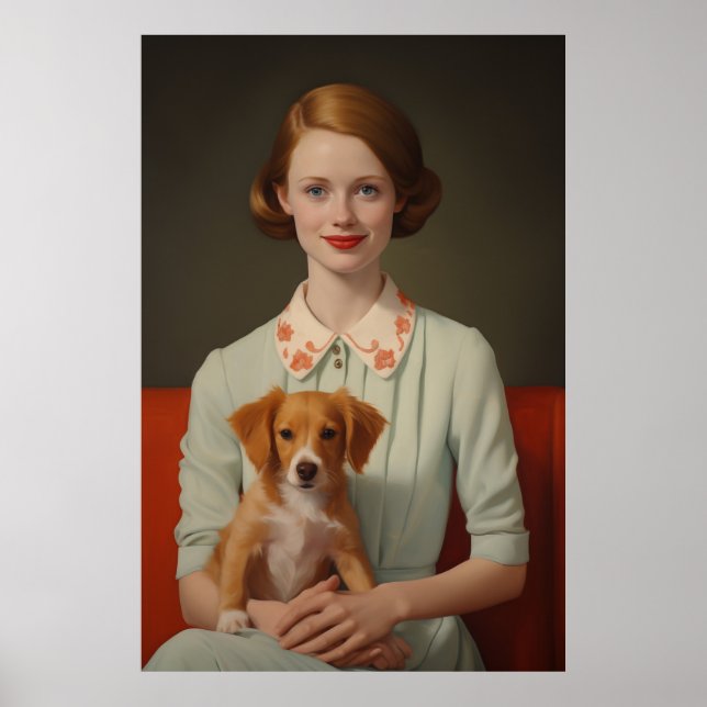Affiche Élégance vintage : Femme avec chiot dans Pastel (Devant)