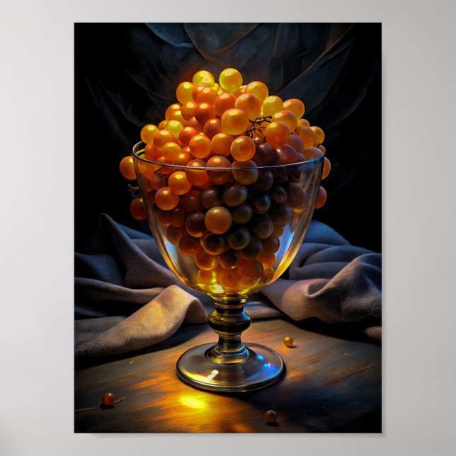 Affiche "Élégance vive : Raisins orange en verre". (Devant)