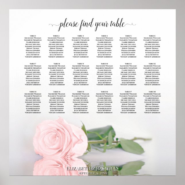 Affiche Elegant 18 Table Pink Rose Wedding Seating Chart (Devant)