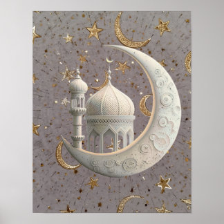 Affiche Elegant 3D White Crescent & Mosque Ramadan Design