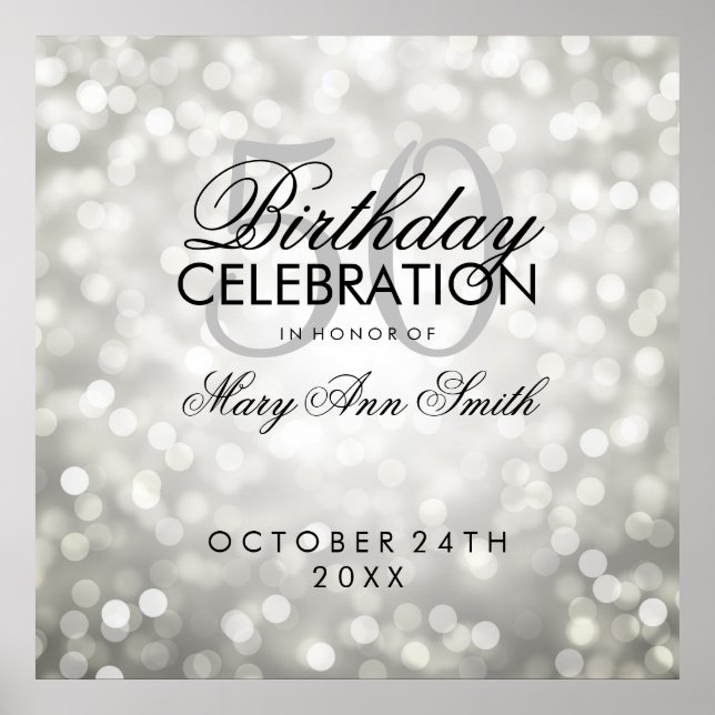 Affiche Elegant 50th Birthday Party Glitter Lights Silver (Devant)