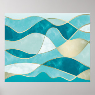 Affiche Elegant Abstract Gold Waves & Teal Marble Grunge